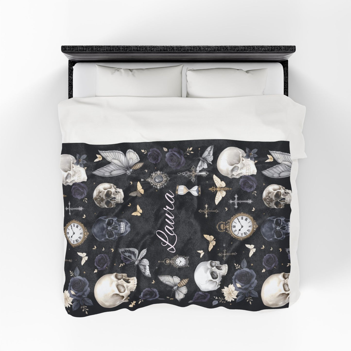 Gothic Skulls and Roses Velveteen Plush Blanket | Personalized Name Option