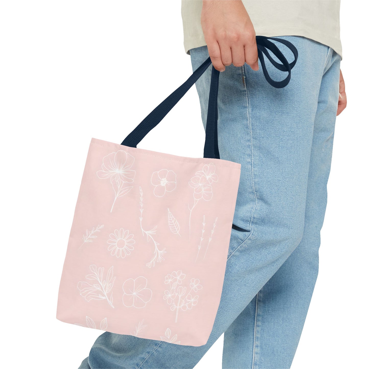 Hand drawn style flower print tote, pastel pink, Canvas shoulder bag, reusable  lunch bag.