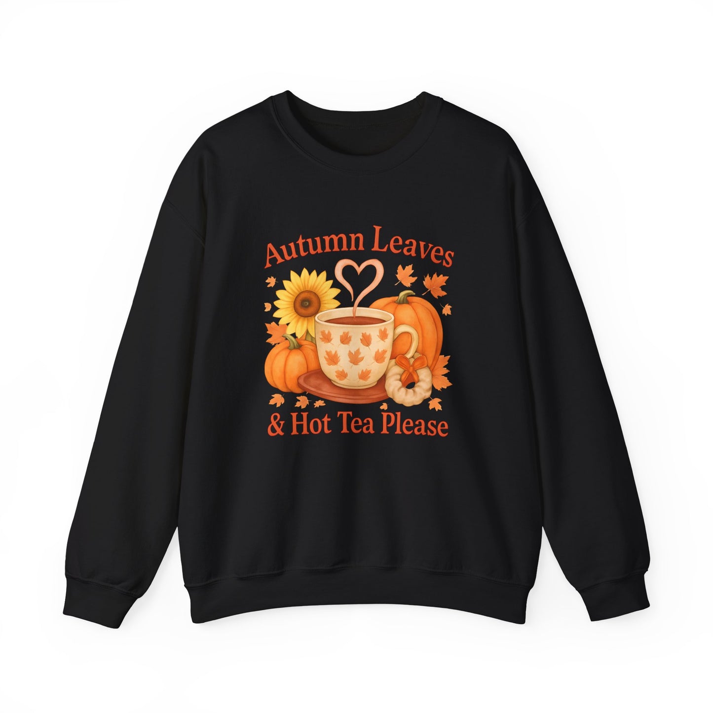Autumnal Leaves and a Cup of Tea Sweatshirt, Imagine sipping on a warm cuppa, perhaps a delightful Yorkshire tea in a comfortable sweater.