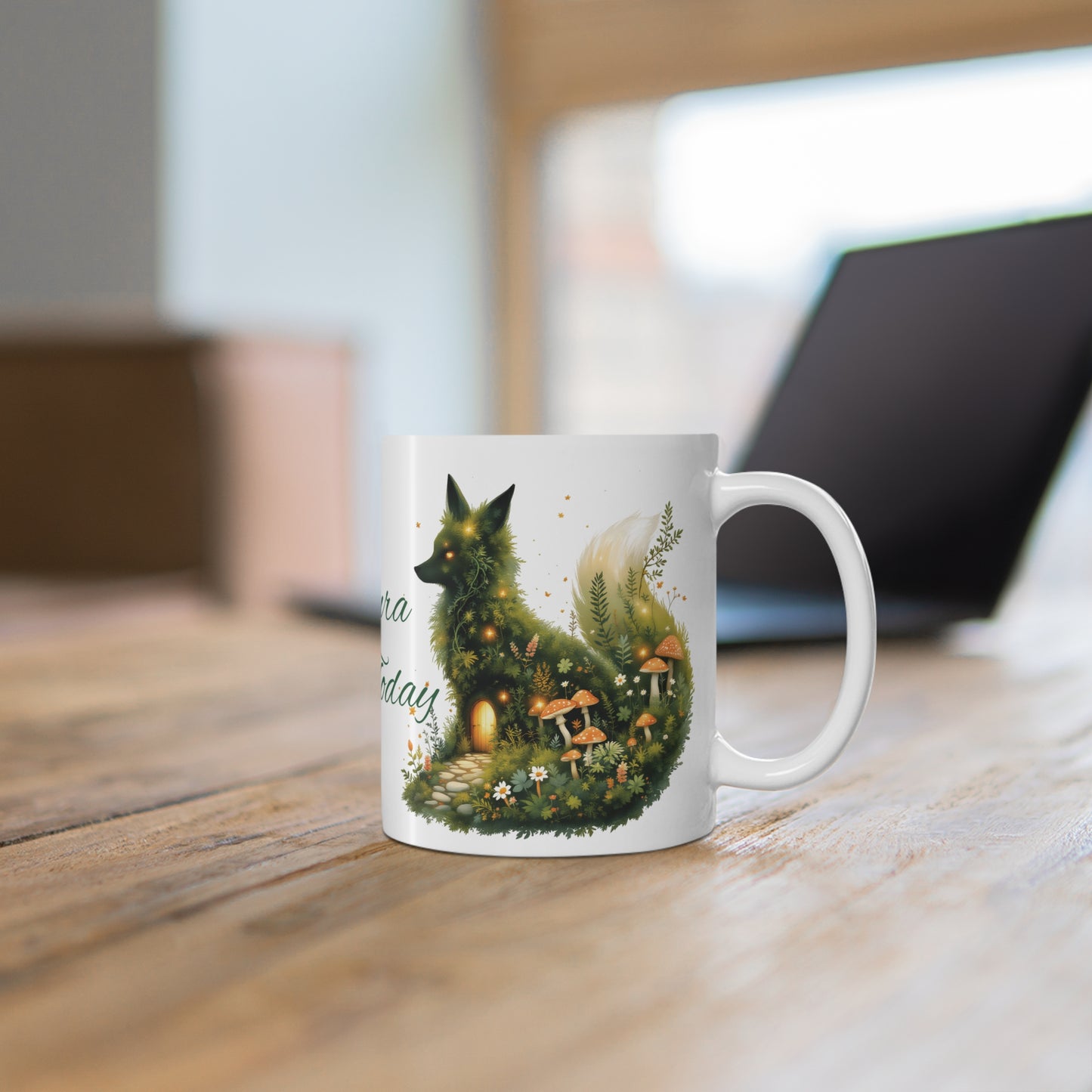 Personalized Moss Fox Mug , Custom Name Woodland Coffee Cup , Cottagecore.
