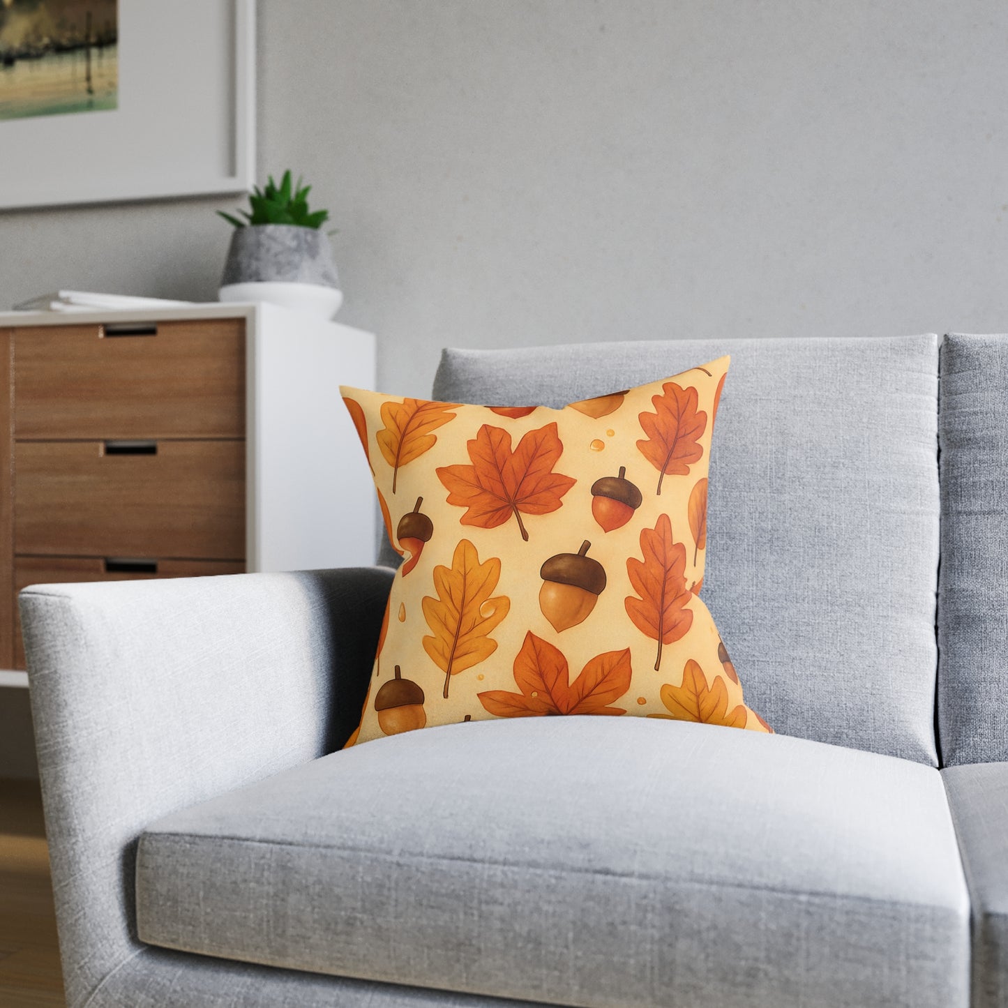 Autumnal Leaf Acorn Pillow, A tapestry of rich golden hues and crisp details, this autumn leaves pillow captures the essence of a forest carpeted with leaves, softening your space with its warm charm.