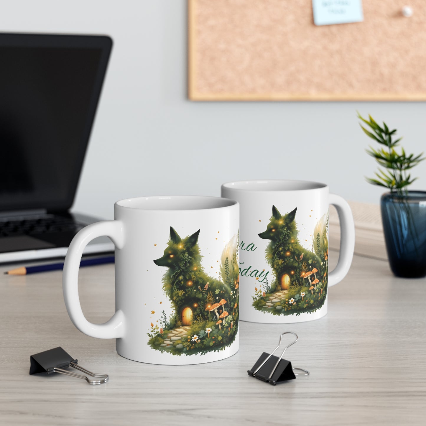 Personalized Moss Fox Mug , Custom Name Woodland Coffee Cup , Cottagecore.