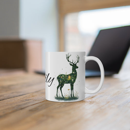 Personalised Moss Deer Mug, Custom Name Forestcore Cup, Cottagecore Botanical Gift