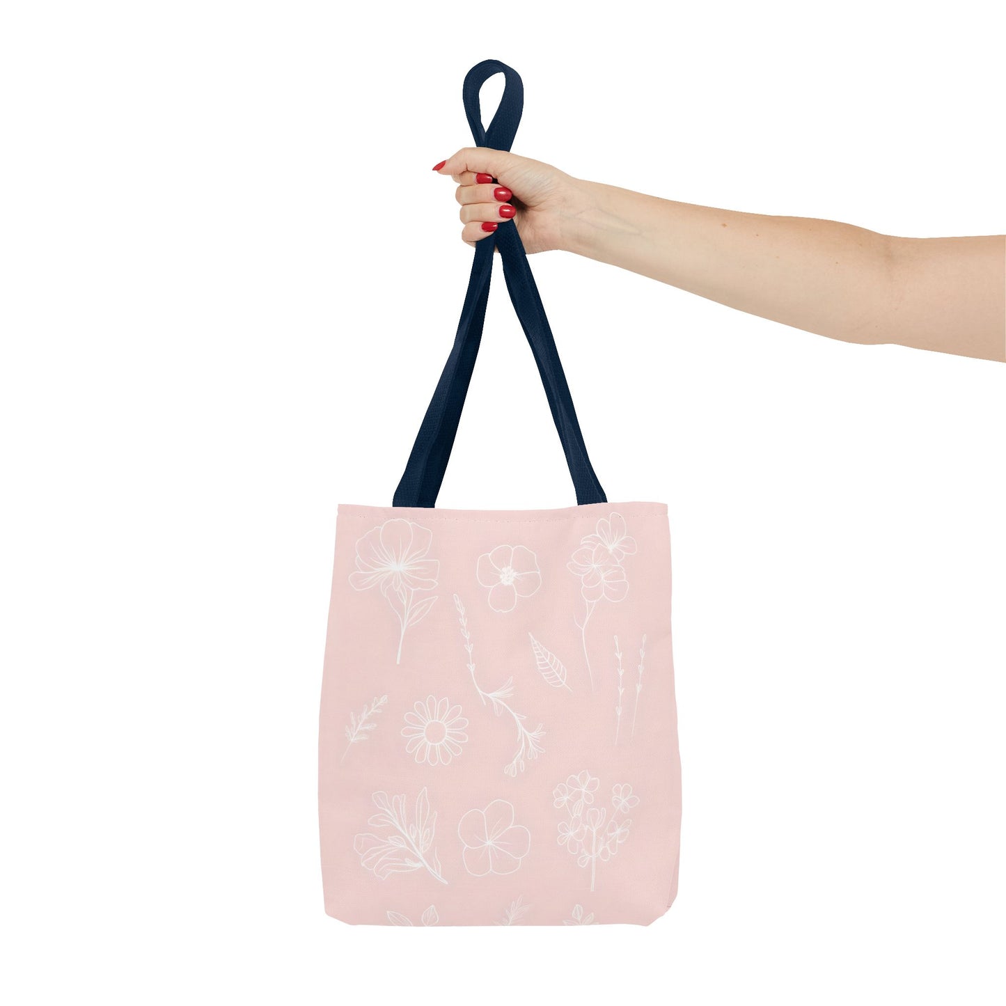 Hand drawn style flower print tote, pastel pink, Canvas shoulder bag, reusable  lunch bag.