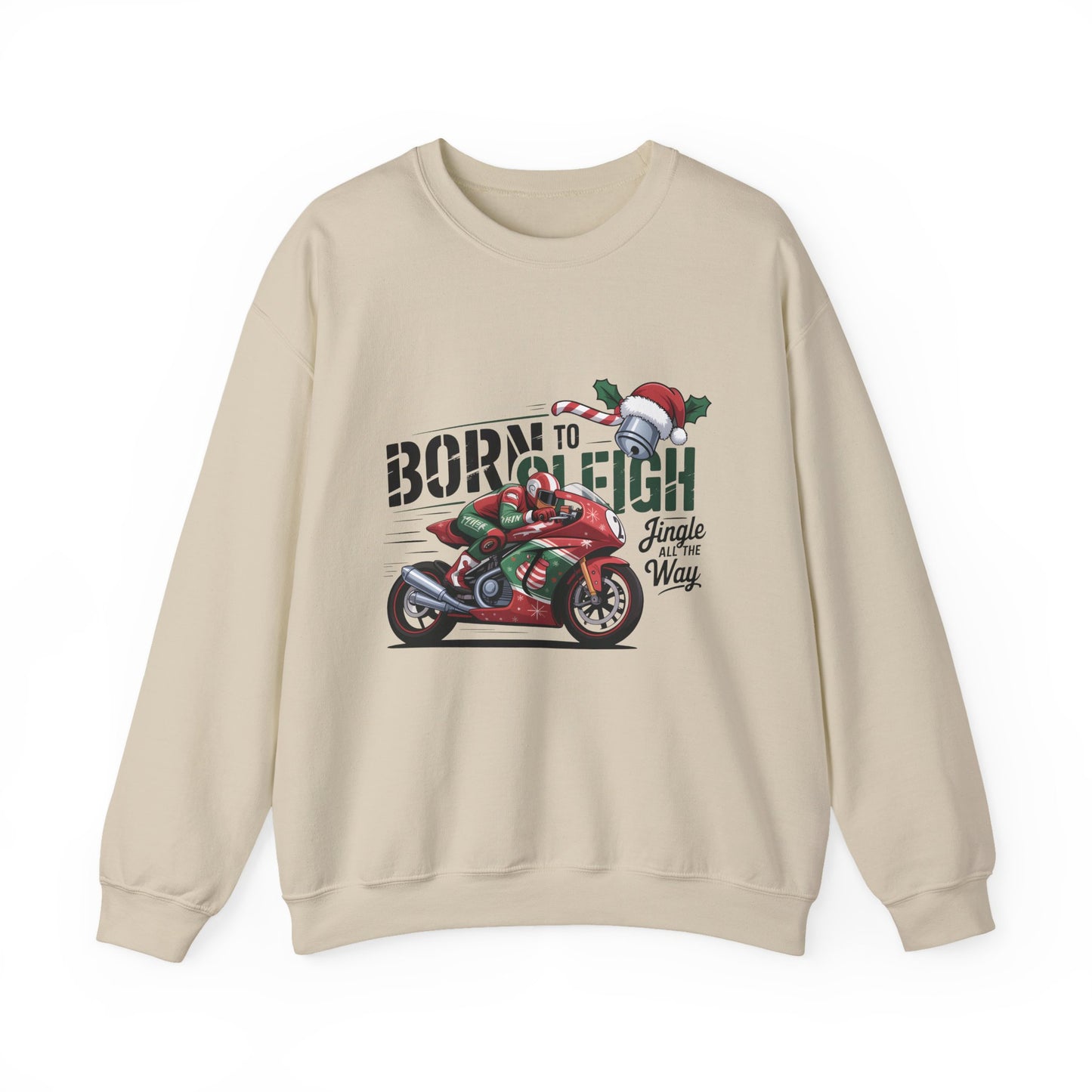 Biker Xmas Jumper, Born To Sleigh Jingle All the Way, this motorcycle sweater is a must-have for bike lover gifts.