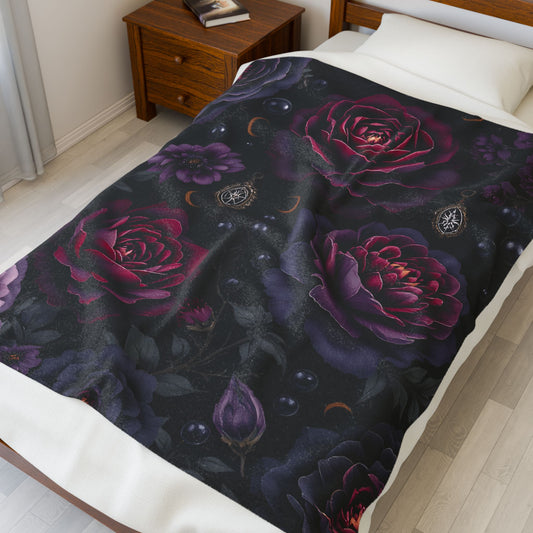 Dark Floral Throw, Velveteen Plush Gothic Blanket ,witchy home decor.