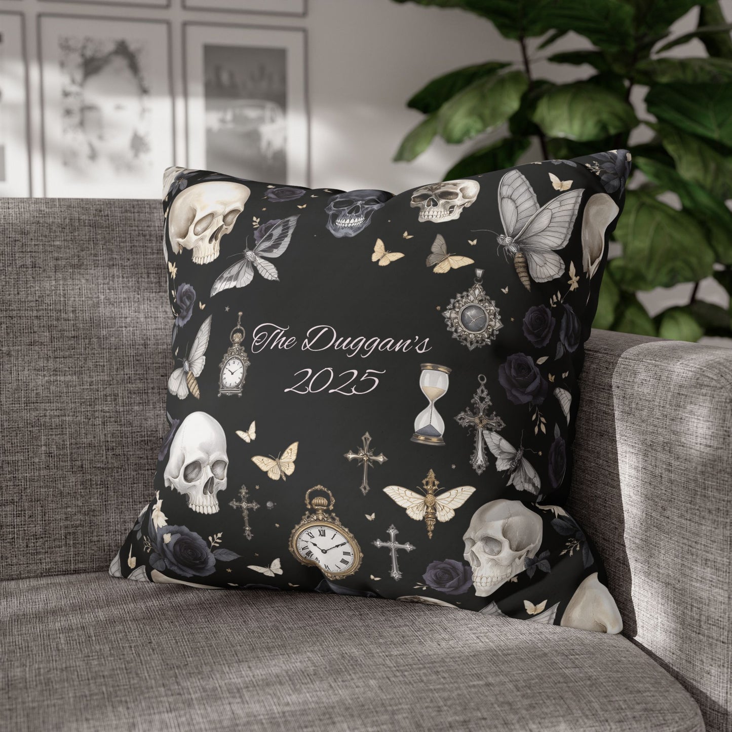 Gothic Skull Floral Pattern Square Pillowcase | gothic throw pillow, personalized whimsigoth decor