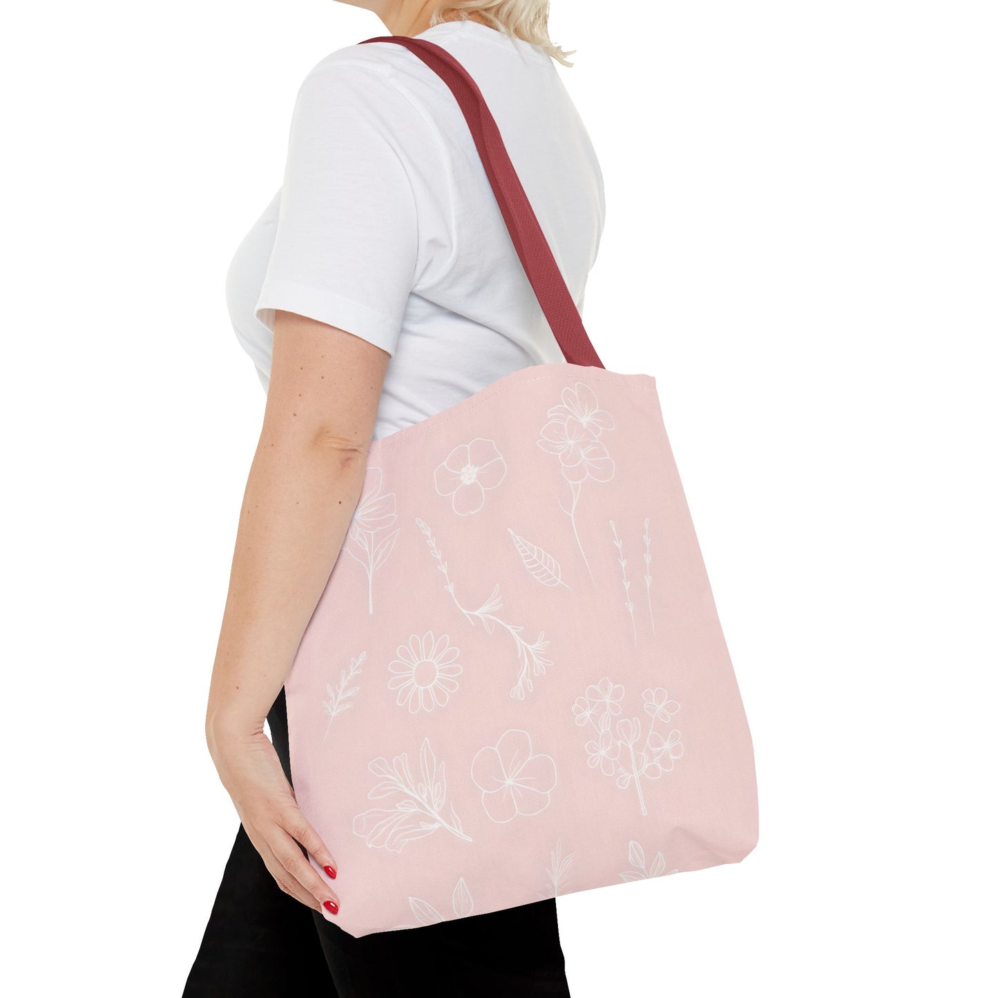 Hand drawn style flower print tote, pastel pink, Canvas shoulder bag, reusable  lunch bag.