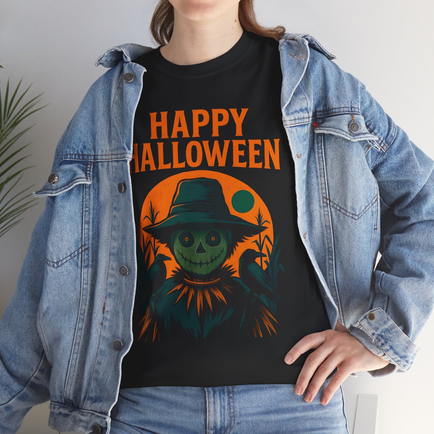 Halloween Scarecrow Tee, With its eye-catching Halloween design featuring a spooky scarecrow, this shirt brings a fun, festive vibe to your wardrobe.