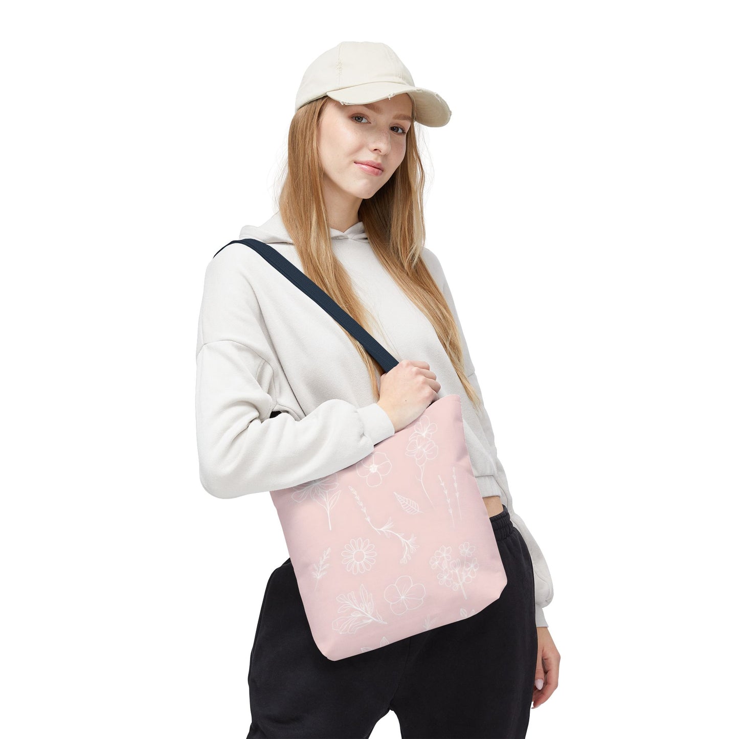 Hand drawn style flower print tote, pastel pink, Canvas shoulder bag, reusable  lunch bag.
