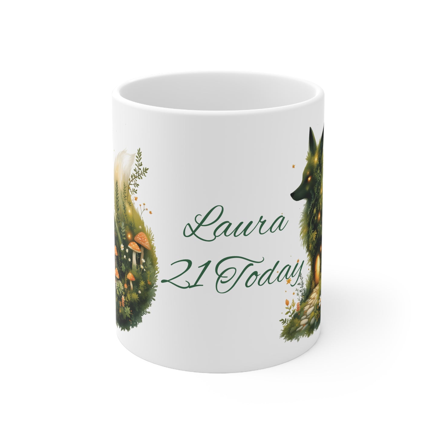 Personalized Moss Fox Mug , Custom Name Woodland Coffee Cup , Cottagecore.