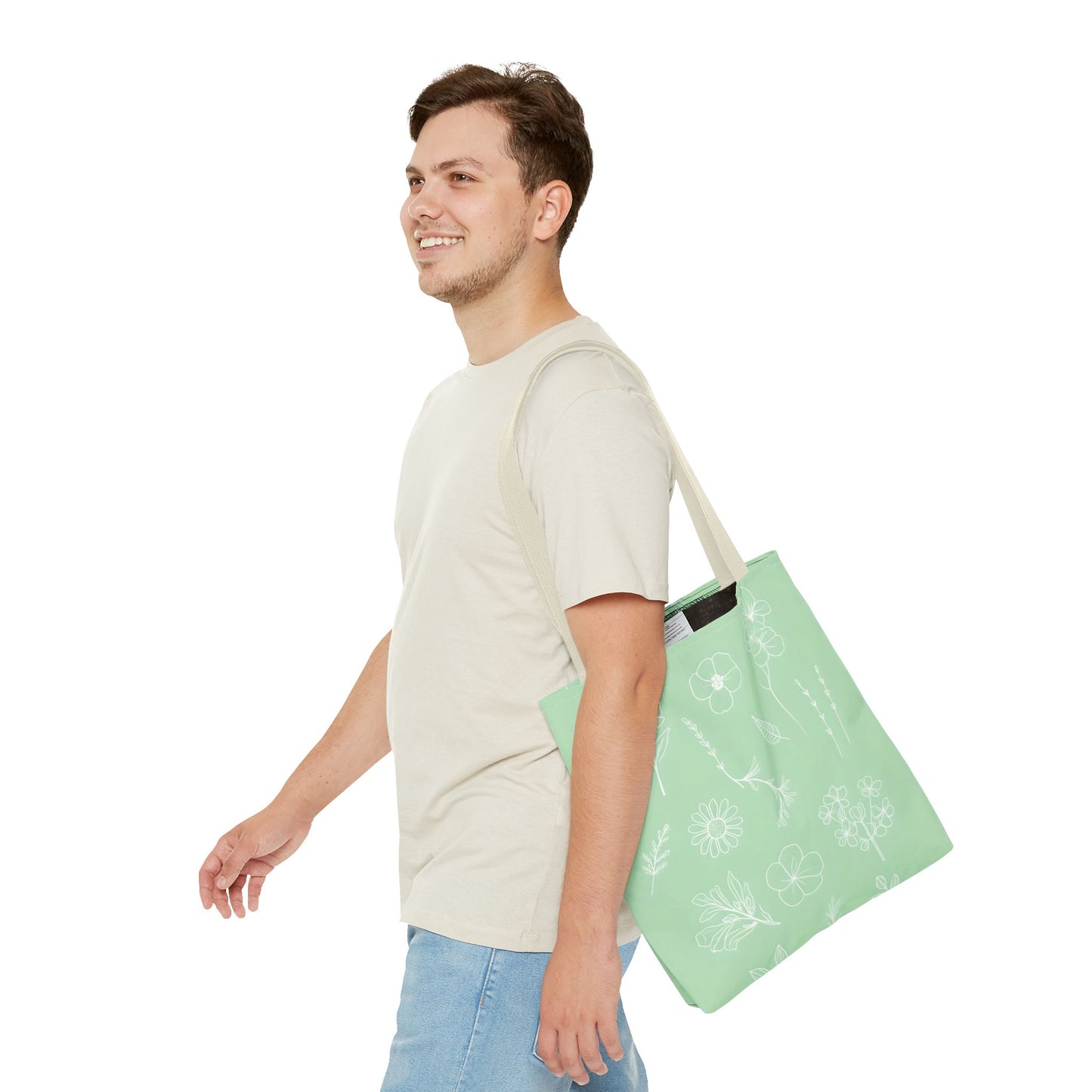 Hand drawn style flower print tote, pastel green, Canvas shoulder bag, reusable  lunch bag.