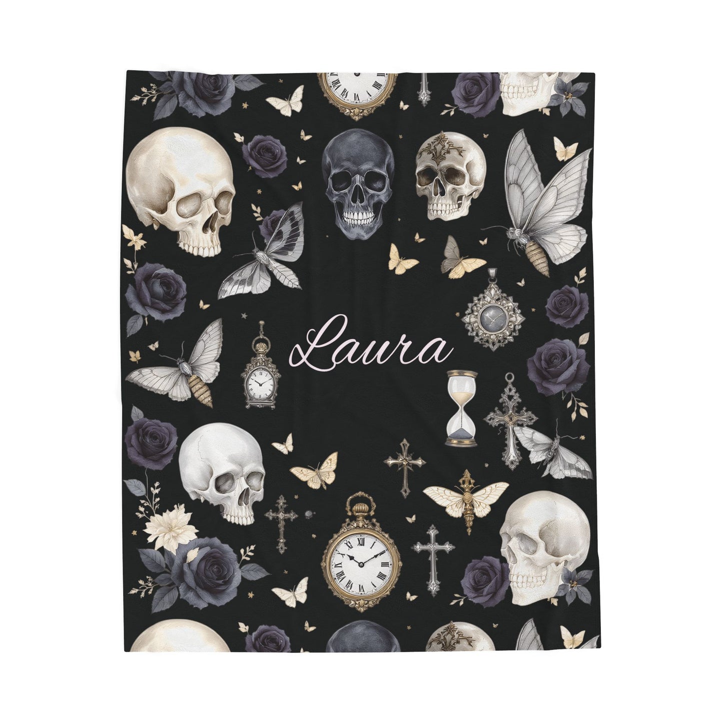 Gothic Skulls and Roses Velveteen Plush Blanket | Personalized Name Option