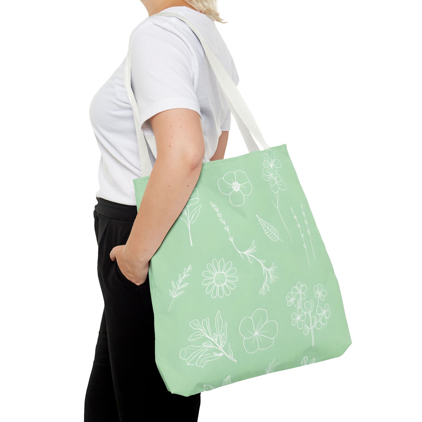 Hand drawn style flower print tote, pastel green, Canvas shoulder bag, reusable  lunch bag.