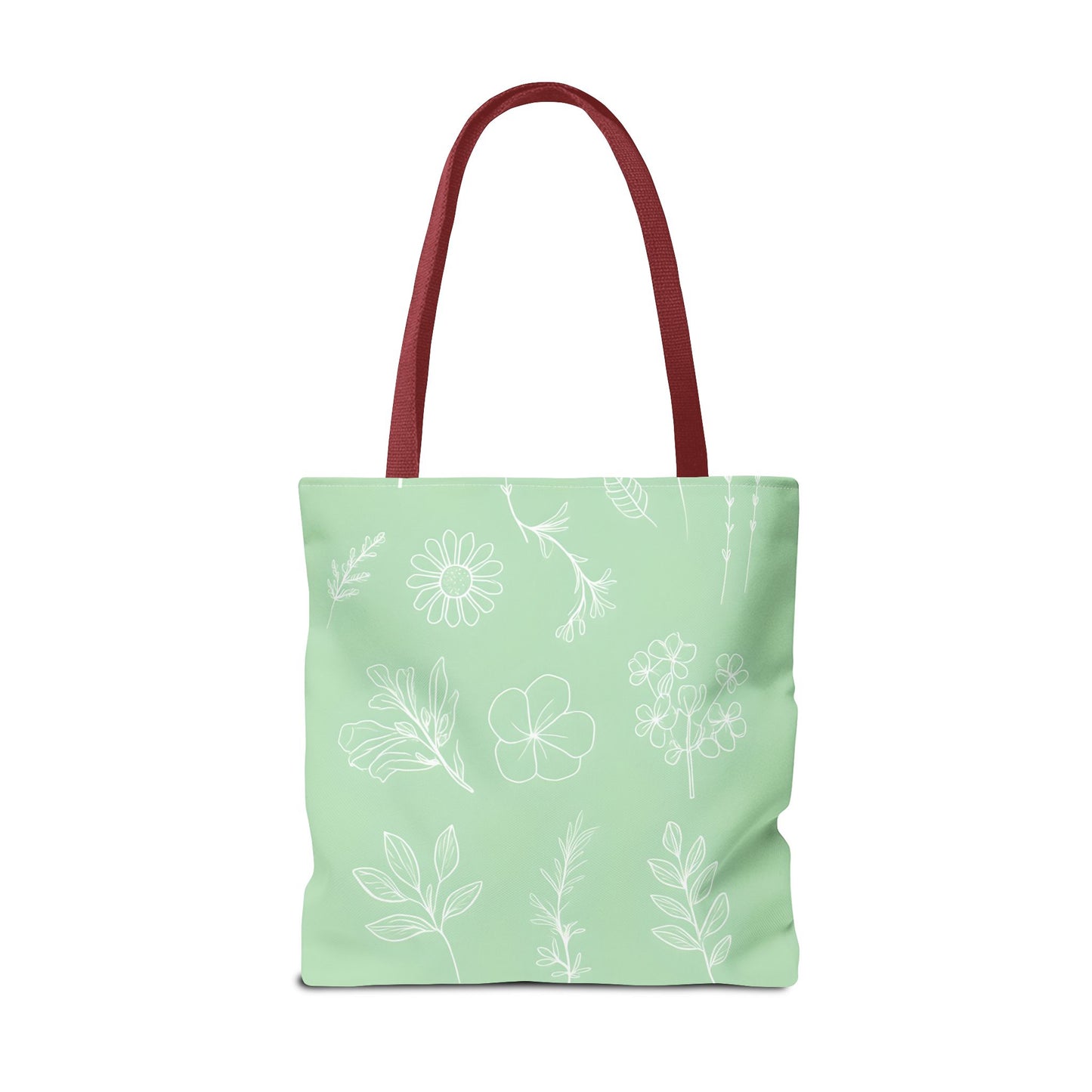 Hand drawn style flower print tote, pastel green, Canvas shoulder bag, reusable  lunch bag.
