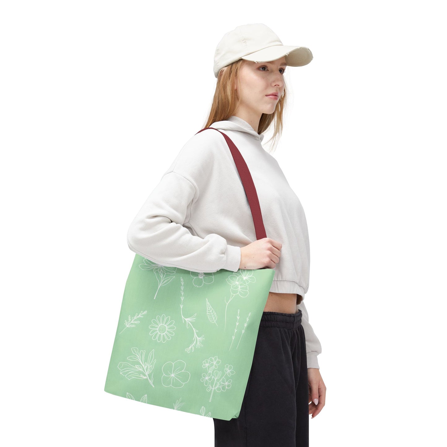 Hand drawn style flower print tote, pastel green, Canvas shoulder bag, reusable  lunch bag.