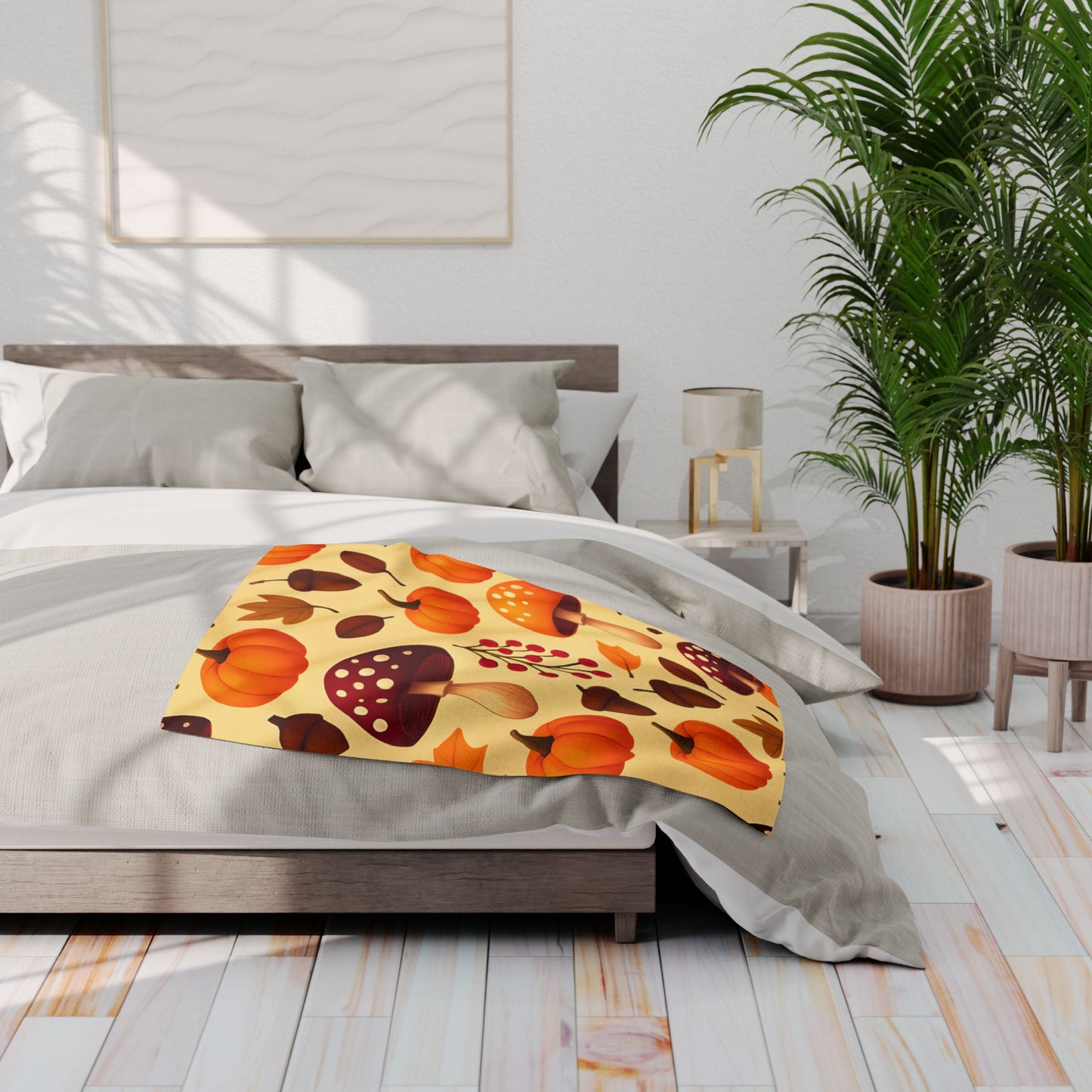 Cozy Autumn Pumpkin Blanket, This plush, cozy fleece blanket captures the essence of the season with its vibrant pumpkin and shroom motifs.