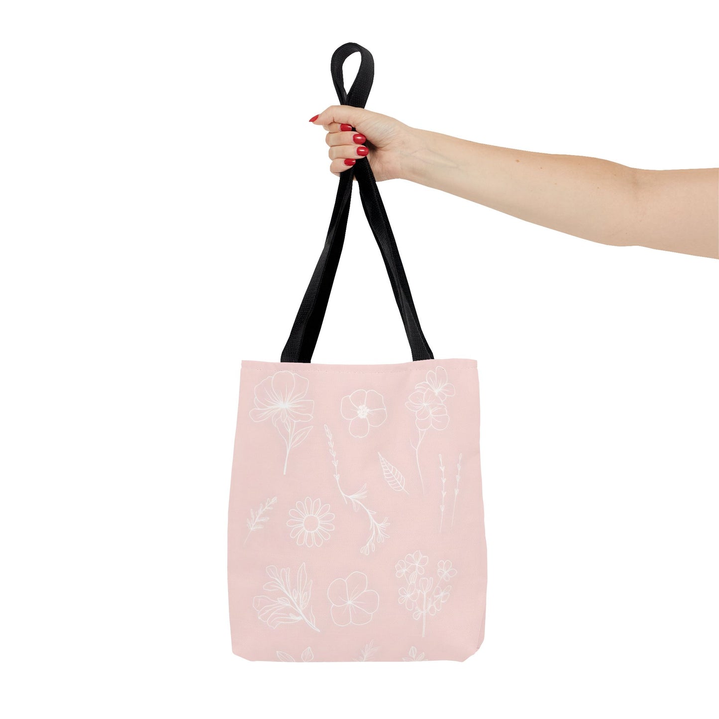Hand drawn style flower print tote, pastel pink, Canvas shoulder bag, reusable  lunch bag.
