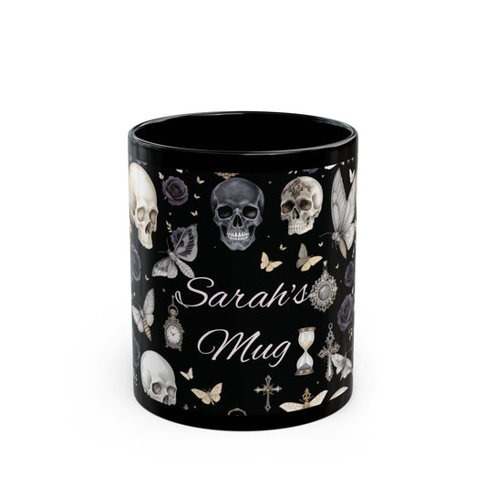 Gothic Skull and Roses Mug | Black Skull Pattern Coffee Mug