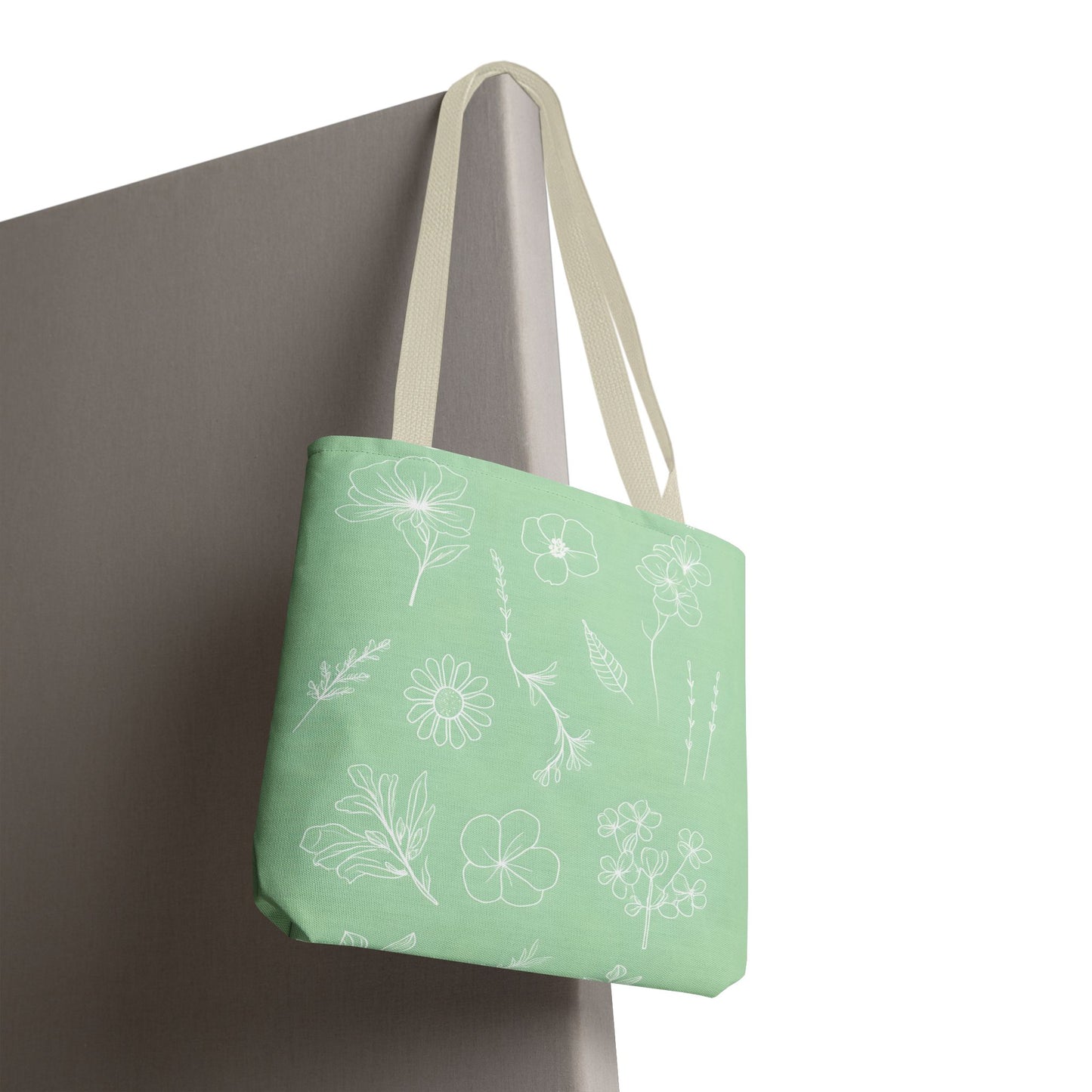 Hand drawn style flower print tote, pastel green, Canvas shoulder bag, reusable  lunch bag.