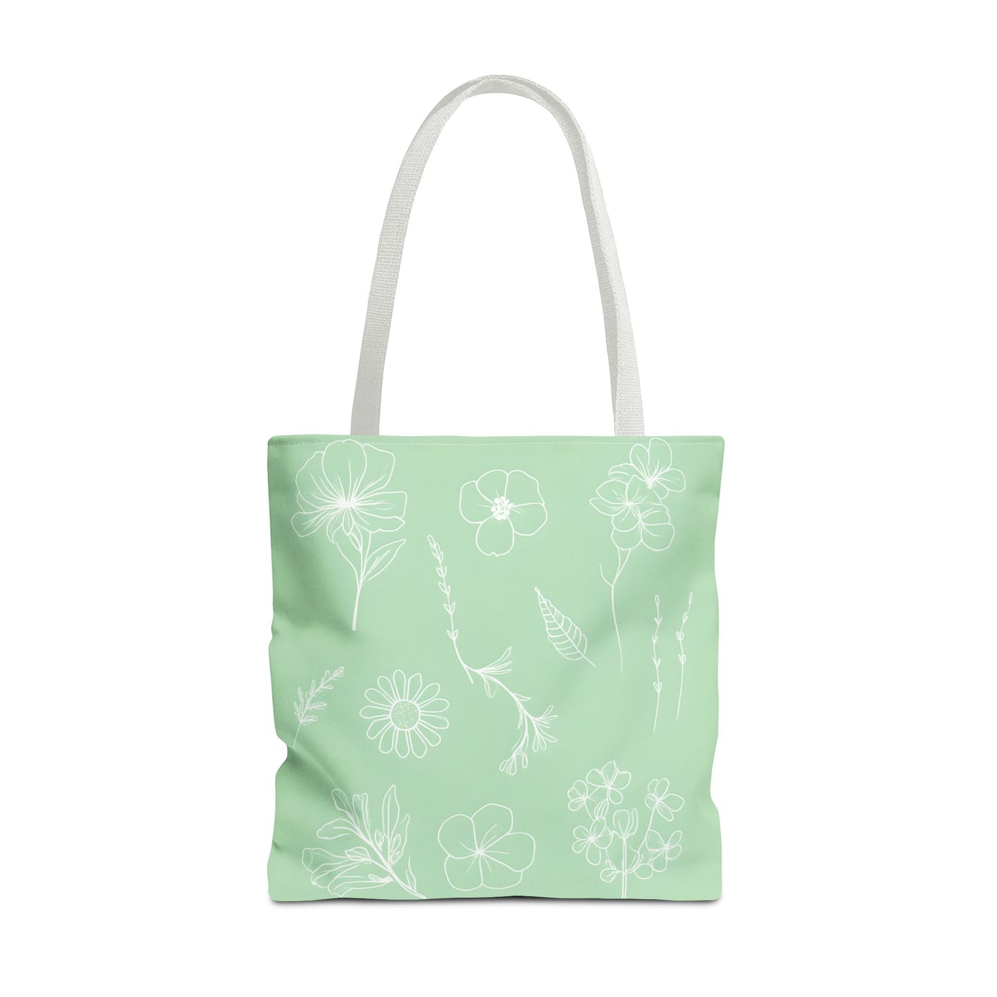 Hand drawn style flower print tote, pastel green, Canvas shoulder bag, reusable  lunch bag.