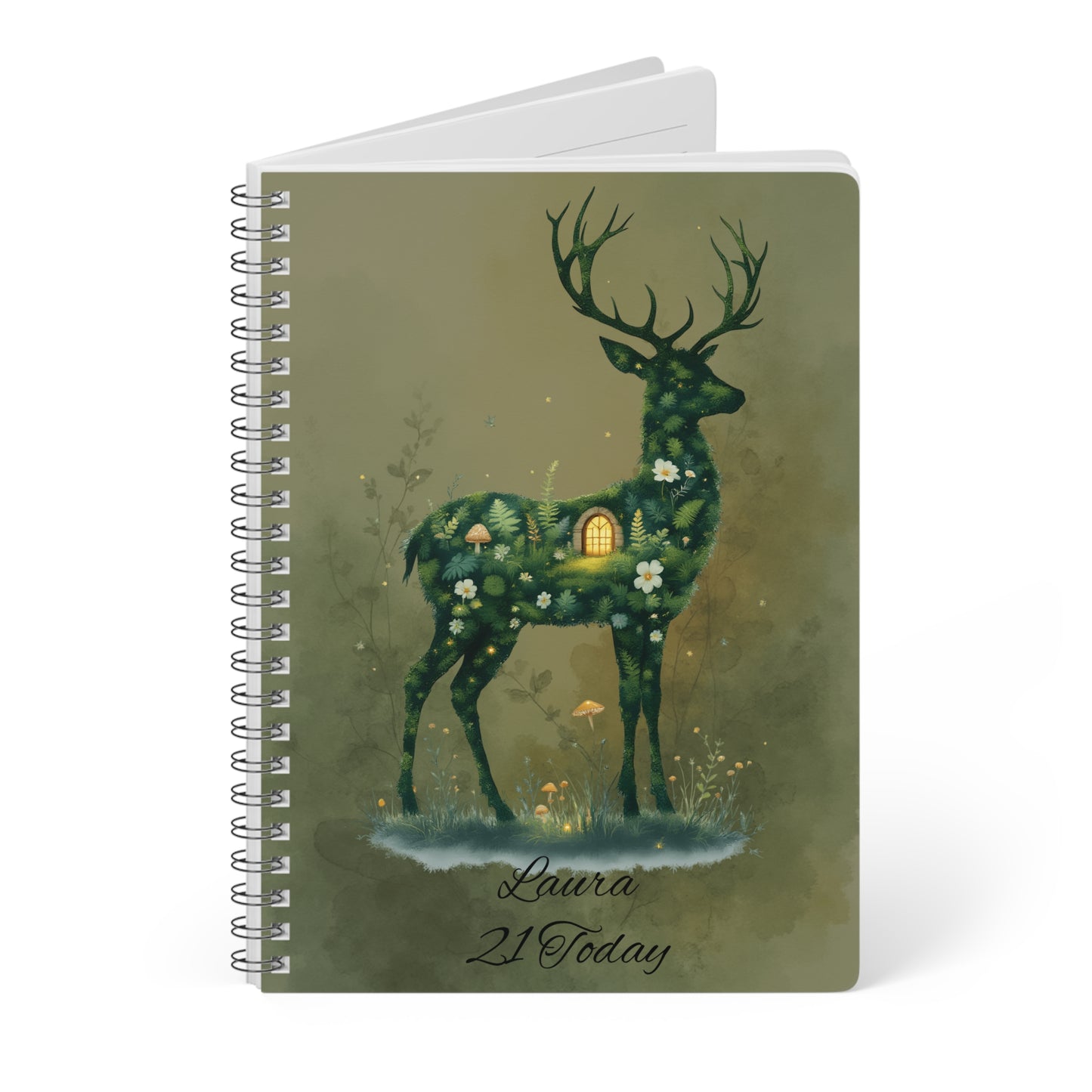 Personalised Moss Deer Notebook A5, Wire-bound Forestcore Journal.