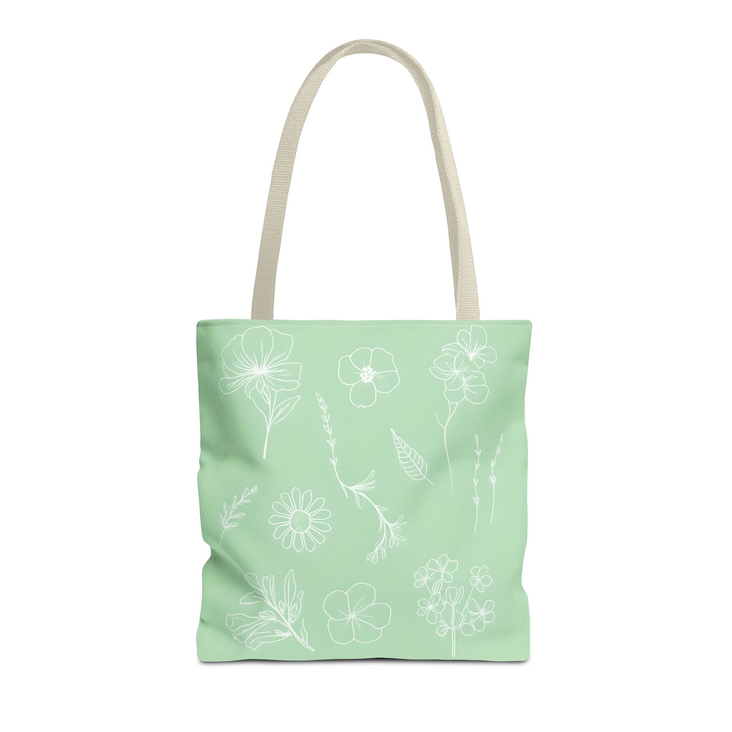 Hand drawn style flower print tote, pastel green, Canvas shoulder bag, reusable  lunch bag.