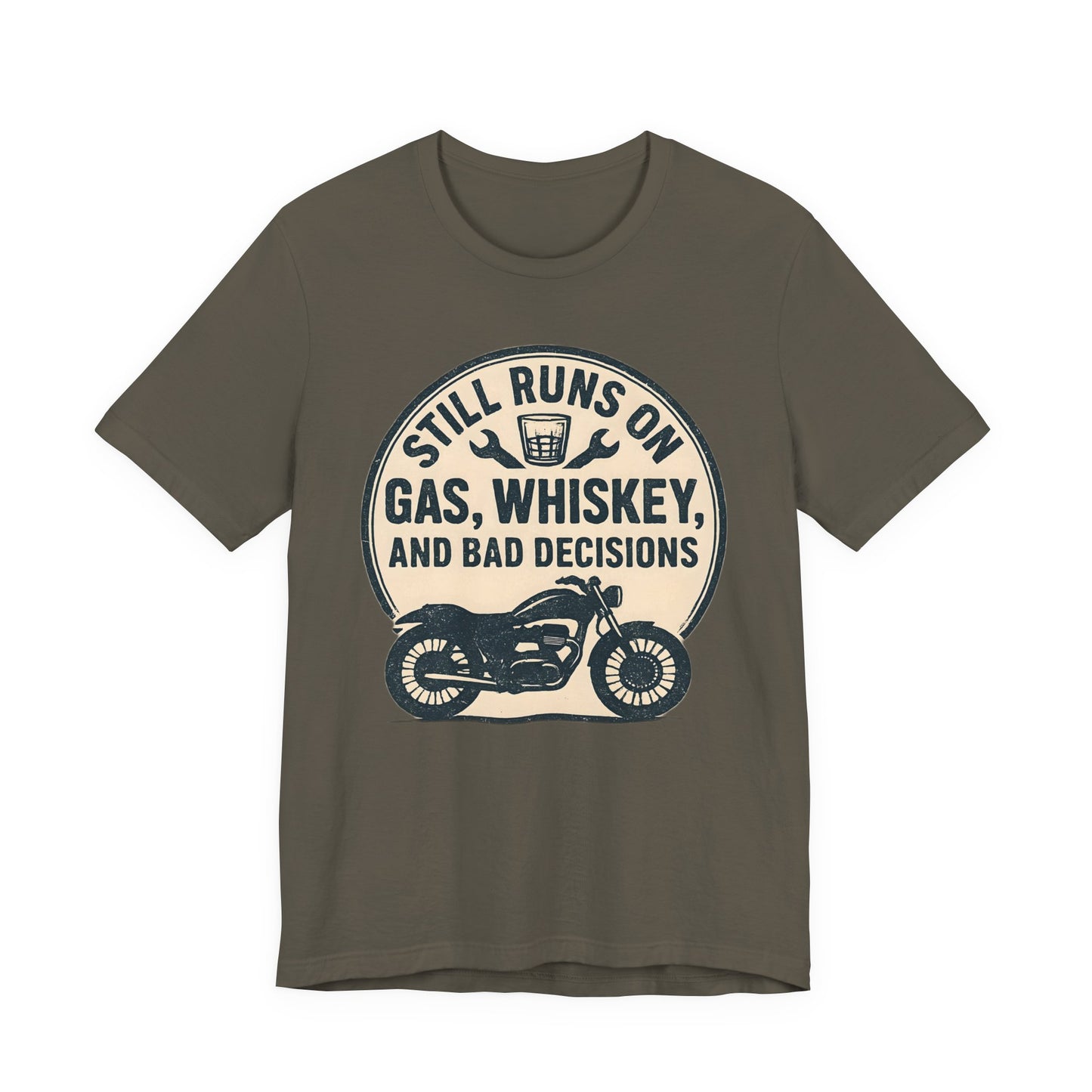 Still Runs On Gas Whiskey And Bad Decisions Shirt, This motorcycle tee blends humor with style, making it an essential addition to any biker's wardrobe.