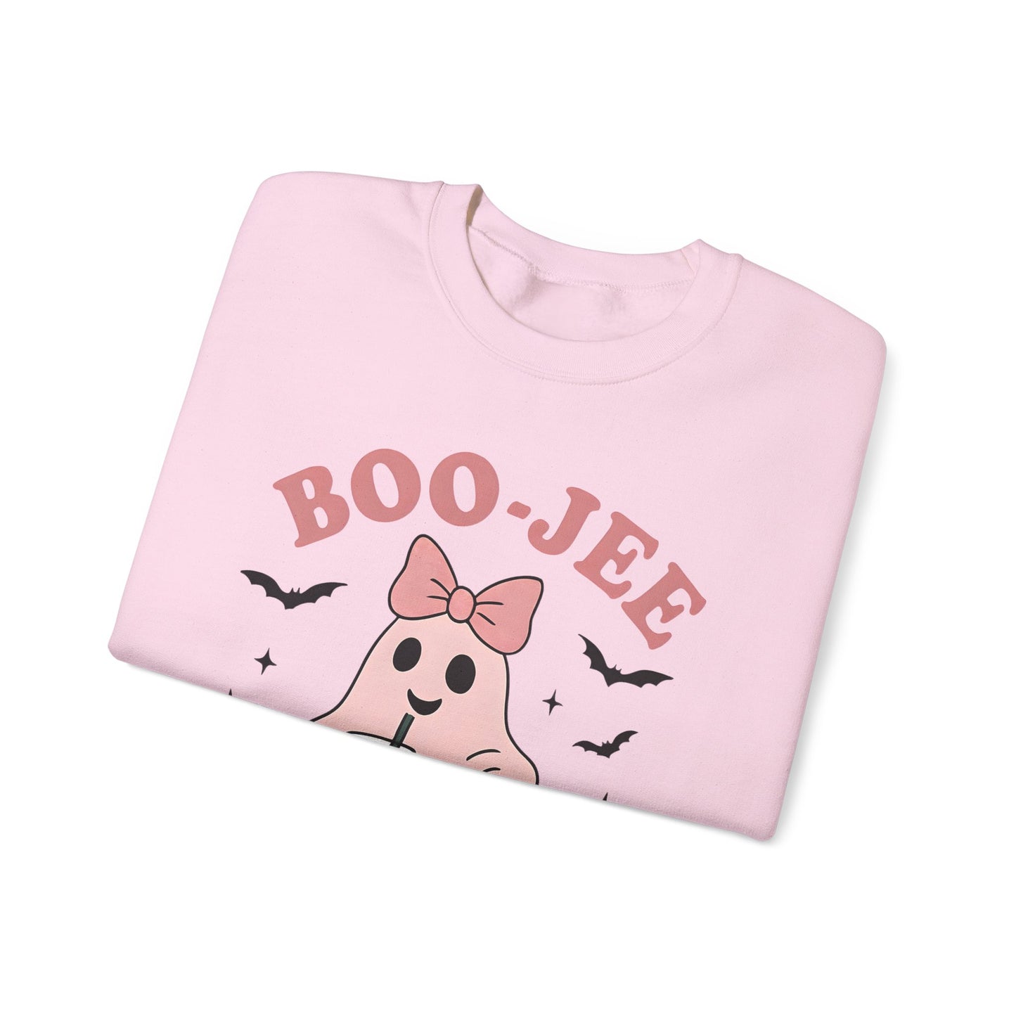 Boo-Jee Ghost Sweatshirt This playful garment, affectionately known as the boojee sweater, showcases charming ghosties adorned with a delightful pink bow.