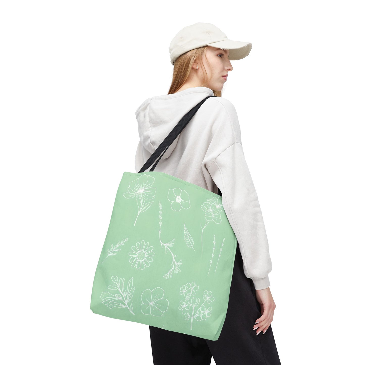 Hand drawn style flower print tote, pastel green, Canvas shoulder bag, reusable  lunch bag.
