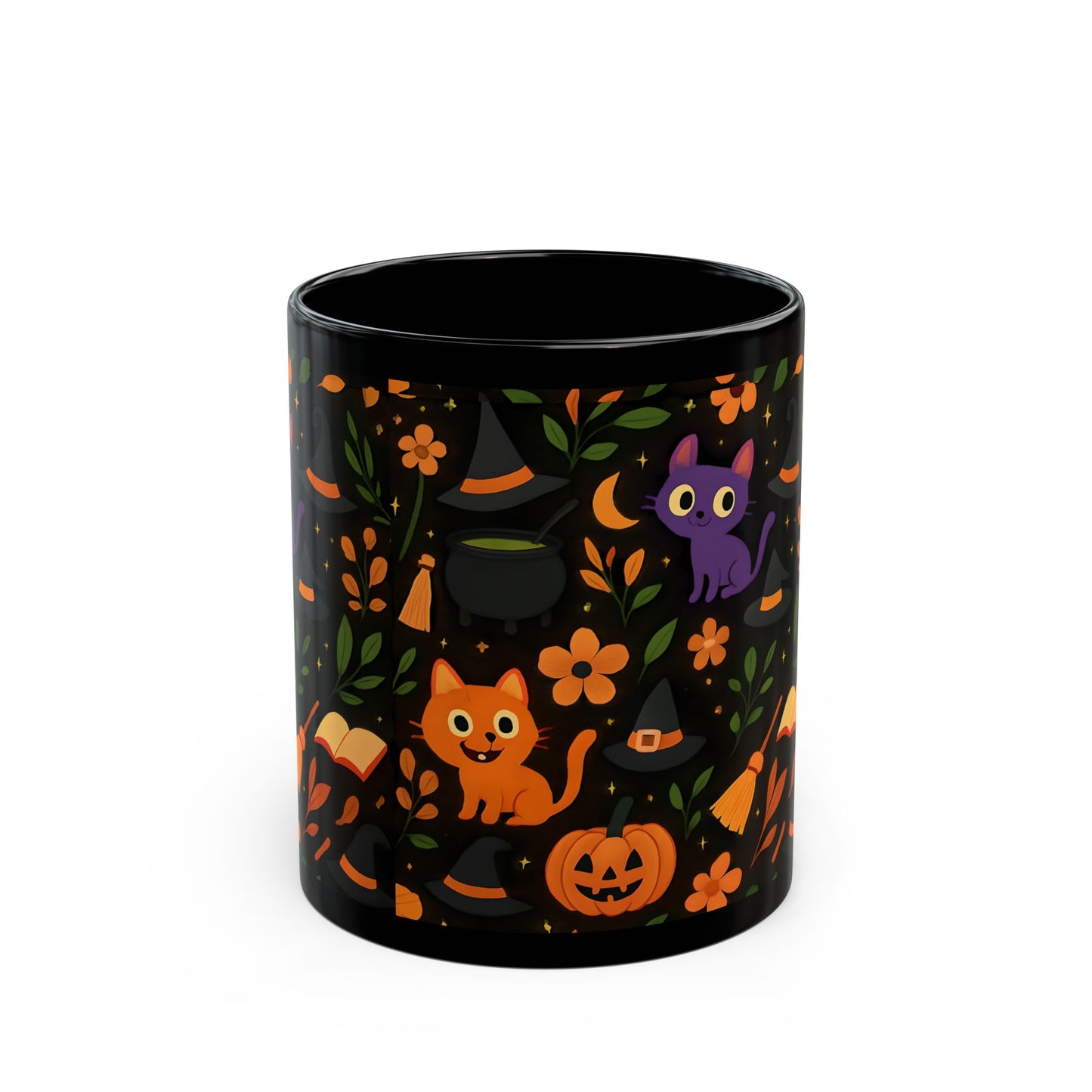 Colourful cat Halloween mug,featuring a cheeky cat with all things Halloween, making it the perfect spooky mug for both hot chocolates and enchanting brews. 