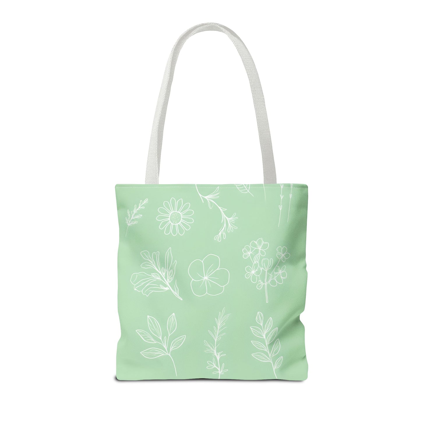 Hand drawn style flower print tote, pastel green, Canvas shoulder bag, reusable  lunch bag.