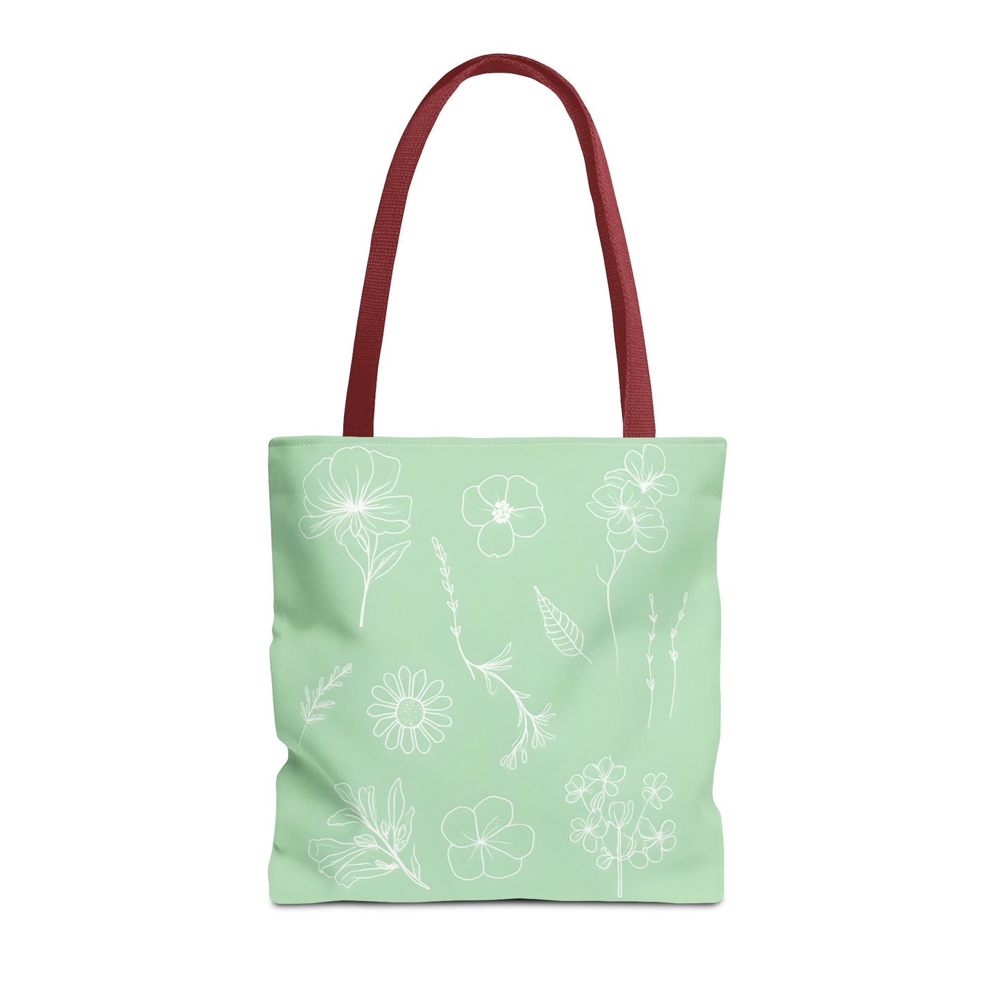 Hand drawn style flower print tote, pastel green, Canvas shoulder bag, reusable  lunch bag.