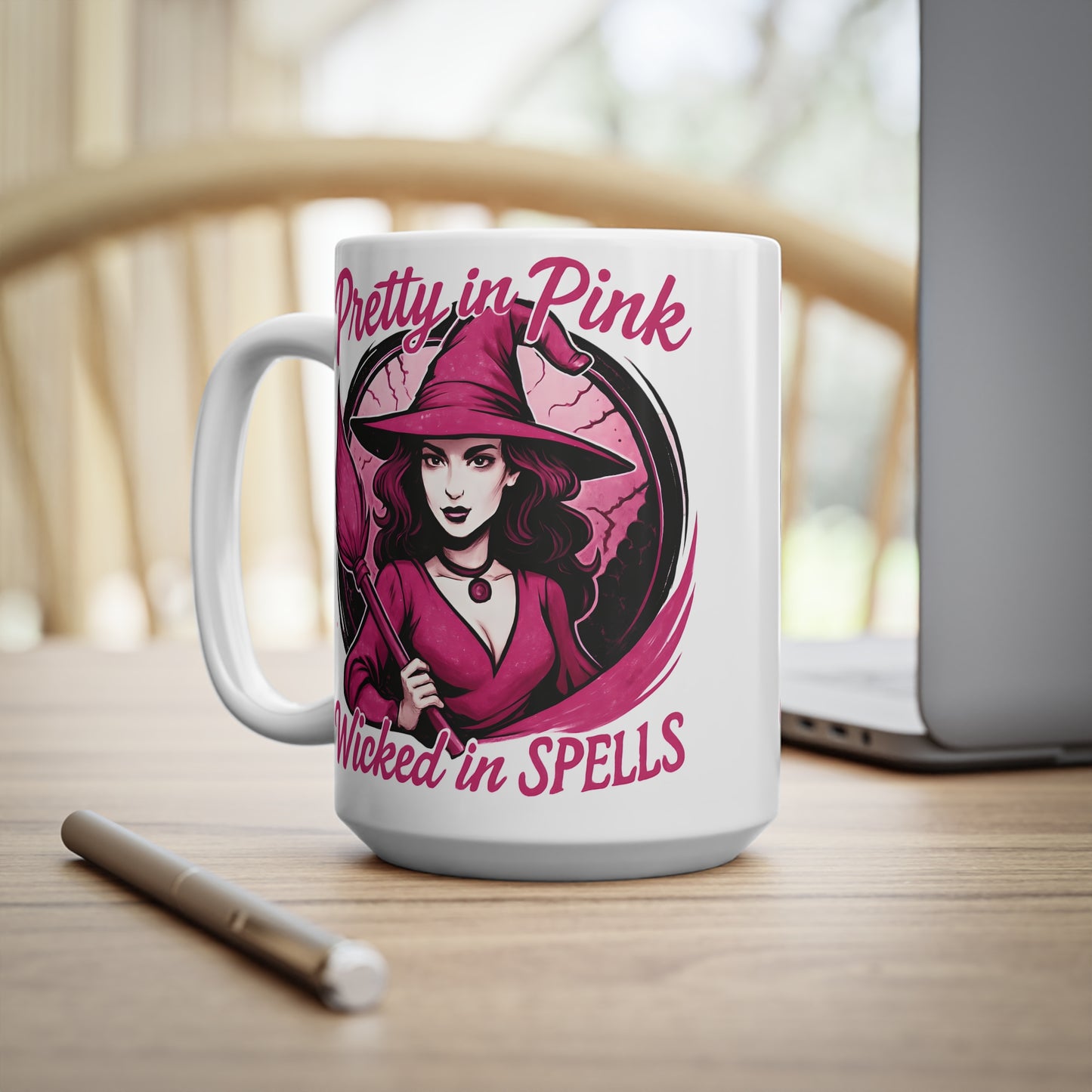 Pretty in Pink Witch Mug, Wicked Spells Coffee Mug, This pink witch mug is perfect for those who relish in the whimsical world of magic and brew.