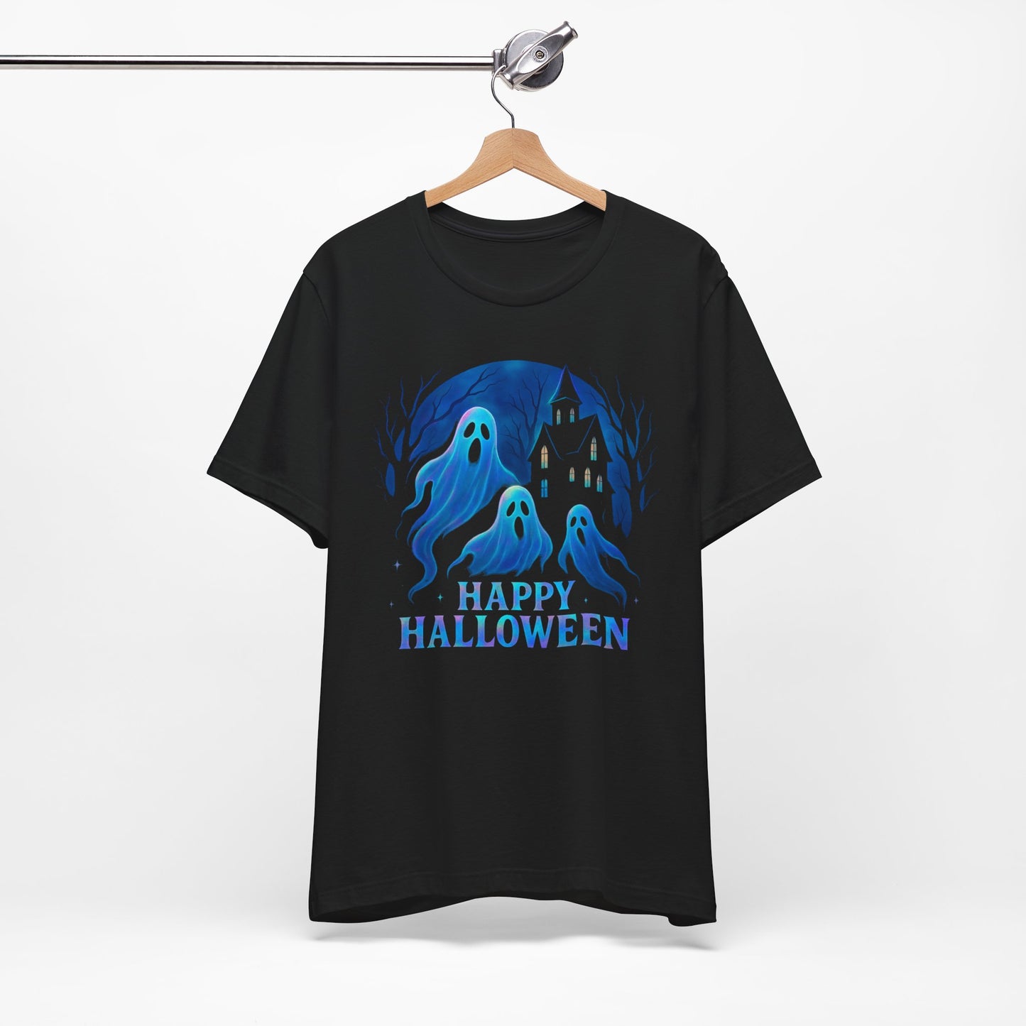 Happy Halloween Holographic Ghost Tshirt,this ghostie-themed top is both a haunted shirt and a whimsical addition for any fan of ghostly fun.