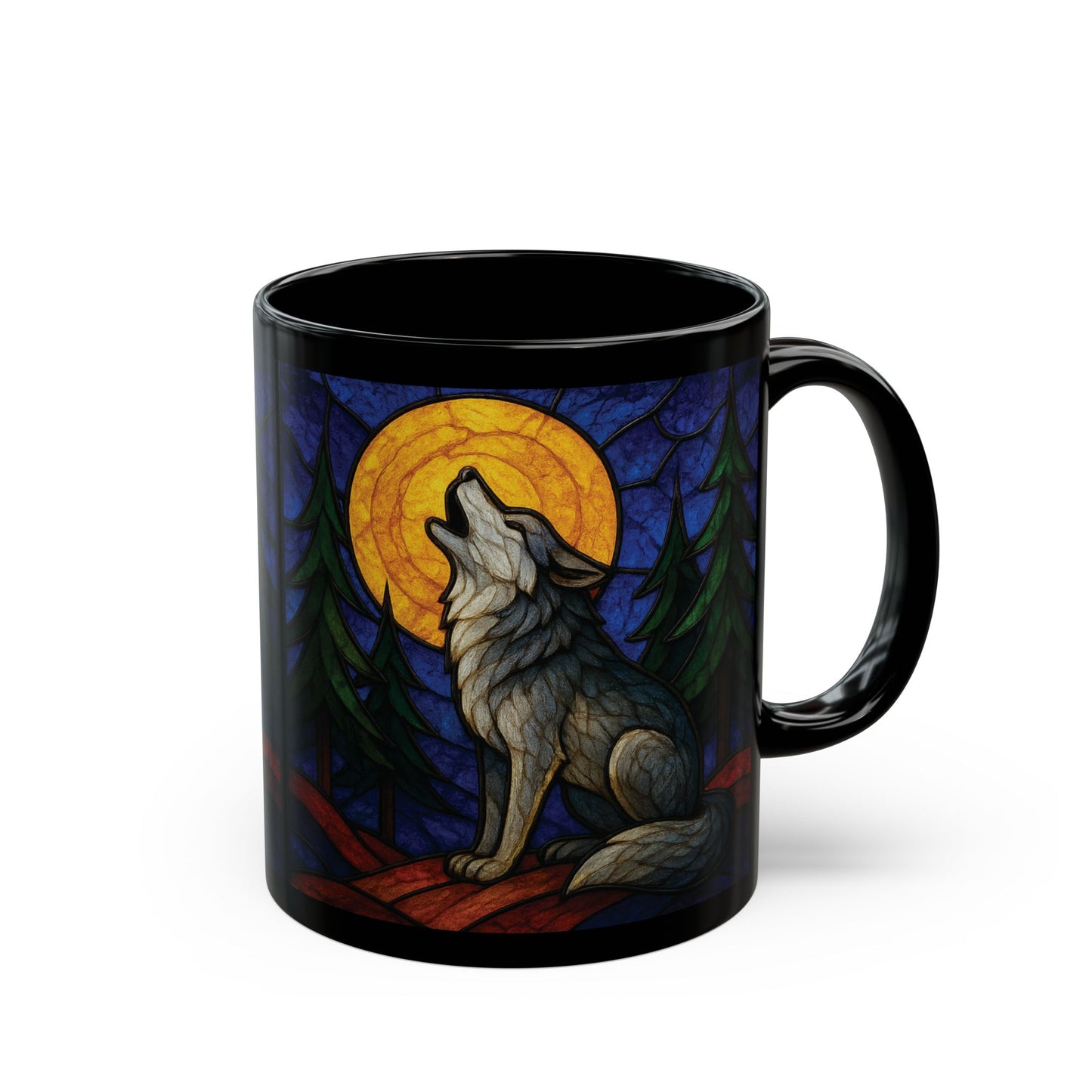 Wolf Coffee Cup with Stained Glass Effect, Ideal for any wolf lover, this wolf cup serves not just as a vessel for your favorite brew but also as a striking symbol of wilderness and wonder.