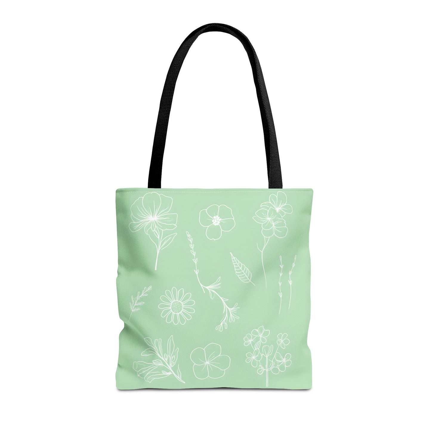 Hand drawn style flower print tote, pastel green, Canvas shoulder bag, reusable  lunch bag.