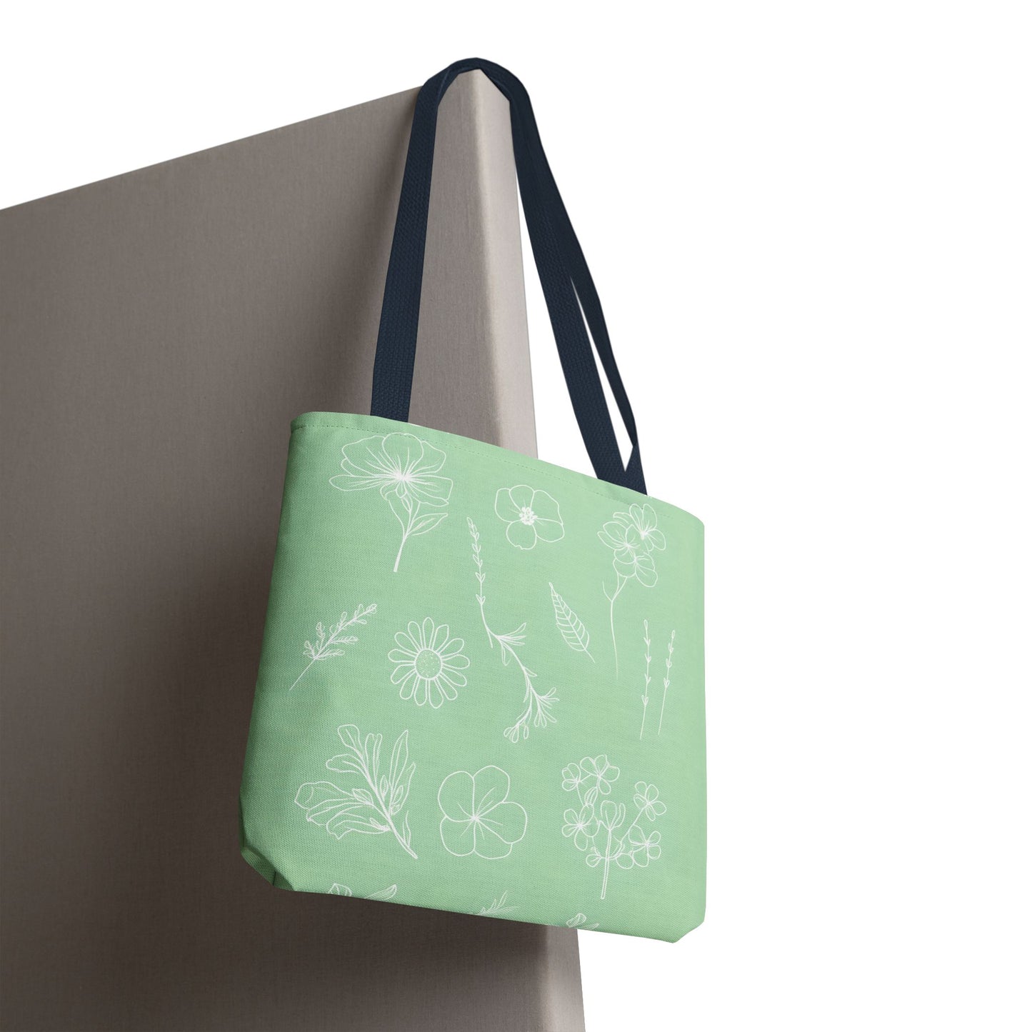 Hand drawn style flower print tote, pastel green, Canvas shoulder bag, reusable  lunch bag.