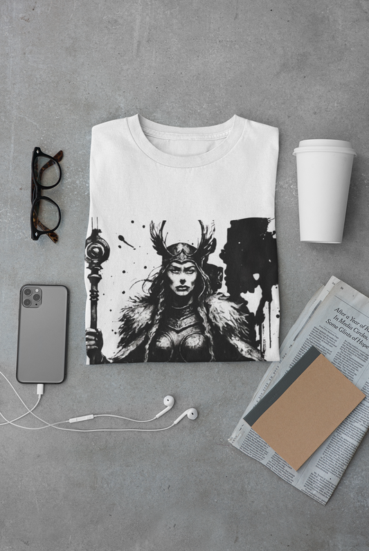 Frigg Norse Goddess T-shirt, captures the essence of Frigg, the revered Norse goddess, renowned in Nordic mythology as the embodiment of foresight and wisdom.