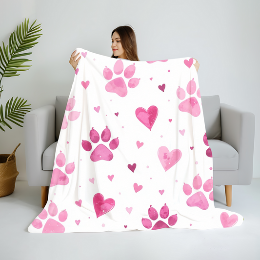 Fleece Blanket, Pink Paw Prints, perfect for pet lovers.