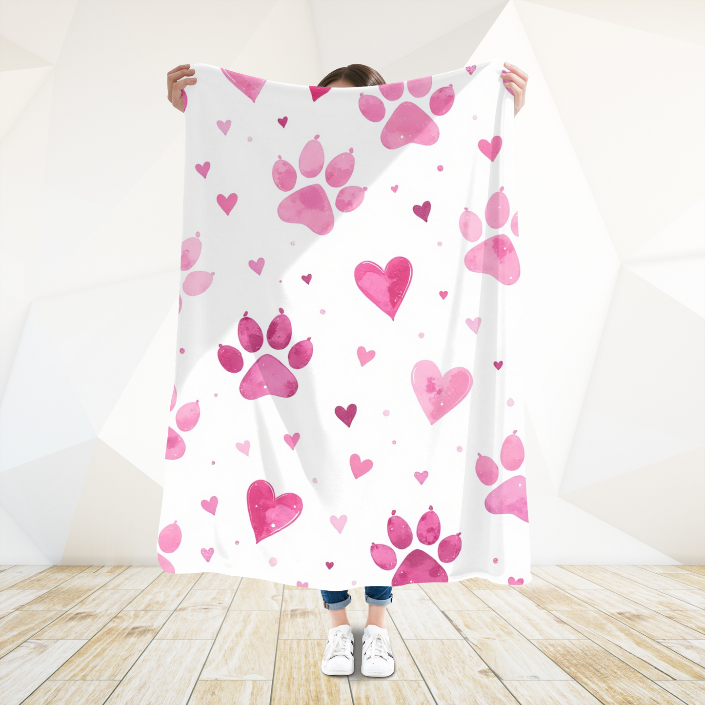 Fleece Blanket, Pink Paw Prints, perfect for pet lovers.