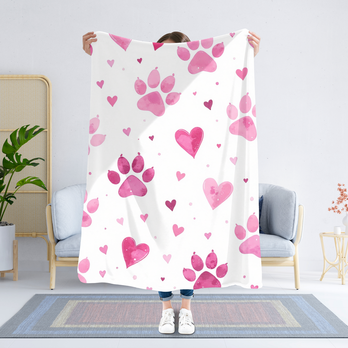 Fleece Blanket, Pink Paw Prints, perfect for pet lovers.