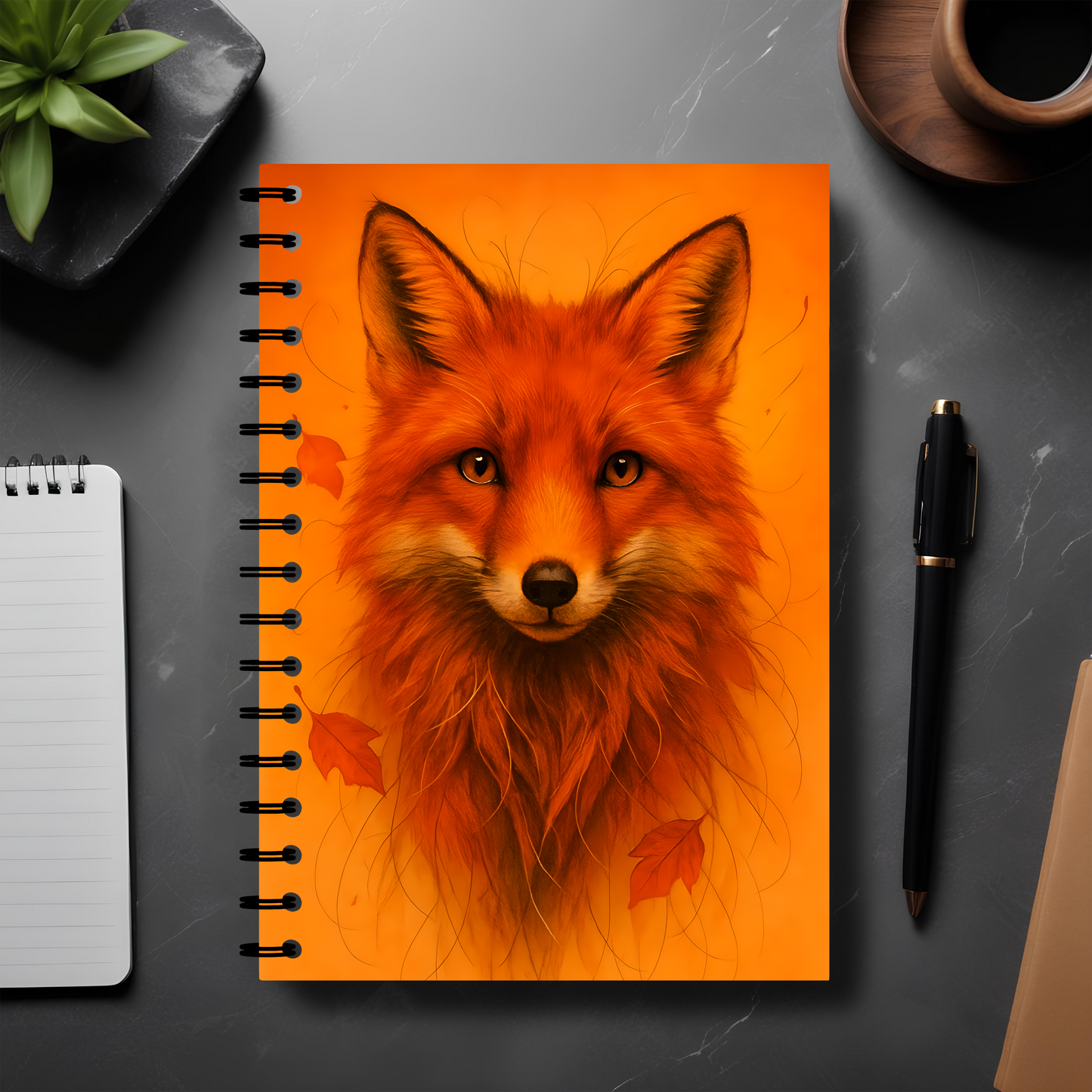 Autumn Fox wirebound notebook, with the charming and vibrant fox design infused with orange and red hues that capture the playful spirit of foxy fix.