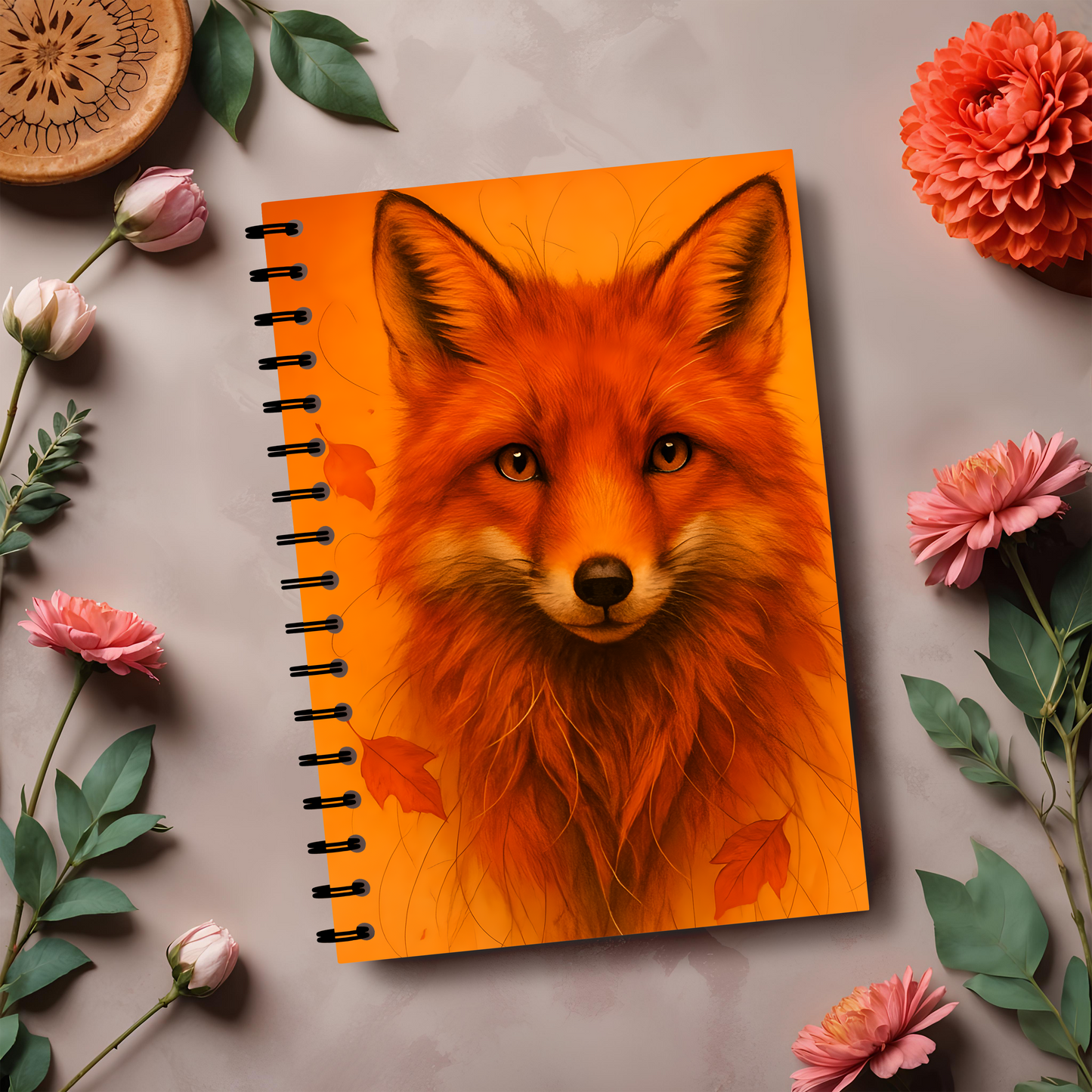 Autumn Fox wirebound notebook, with the charming and vibrant fox design infused with orange and red hues that capture the playful spirit of foxy fix.