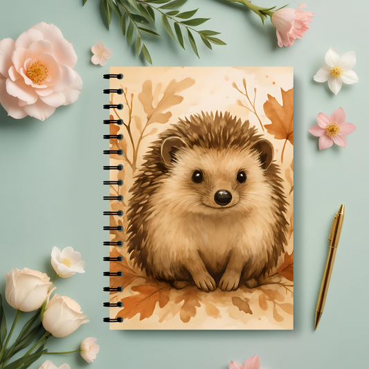 Autumn Hedgehog Notebook, This cute notebook spiral features delightful hedgehog image amidst an autumnal backdrop, capturing the heartwarming essence of a woodland creature.