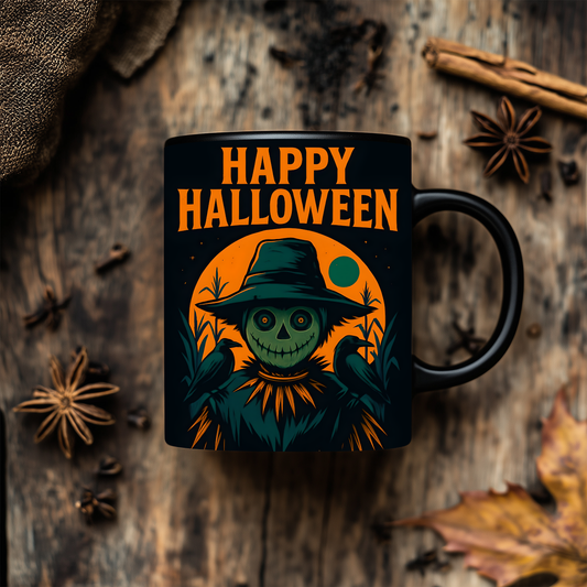 Happy Halloween Scarecrow Mug, This spooky mug is a delightful fusion of vibrant autumn hues and charmingly eerie designs, perfect for your morning brew.