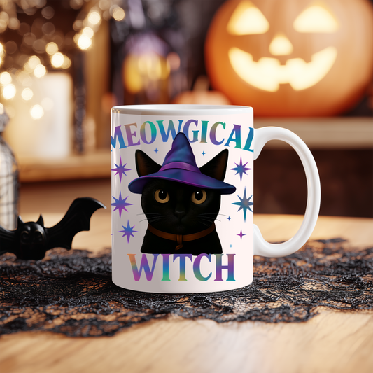 Meowgic Witch Cat Mug, This enchanting black cat mug casts a spell of delight with its whimsical design, complete with a meowgical cat adorned in witch hat.