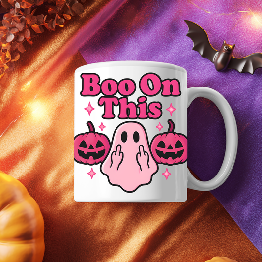 Boo On This Pink Ghosty Halloween Mug, whimsical blend where charm meets spooktacular fun.
