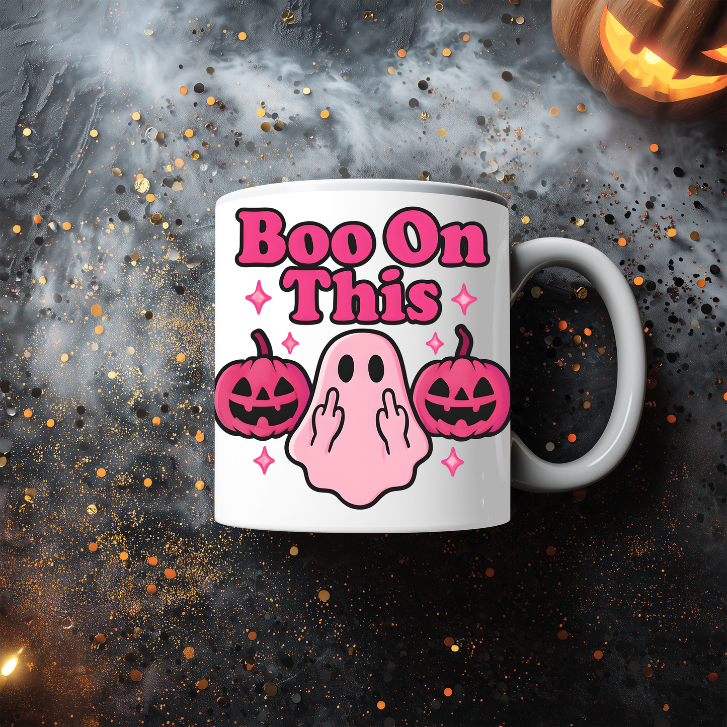 Boo On This Pink Ghosty Halloween Mug, whimsical blend where charm meets spooktacular fun.