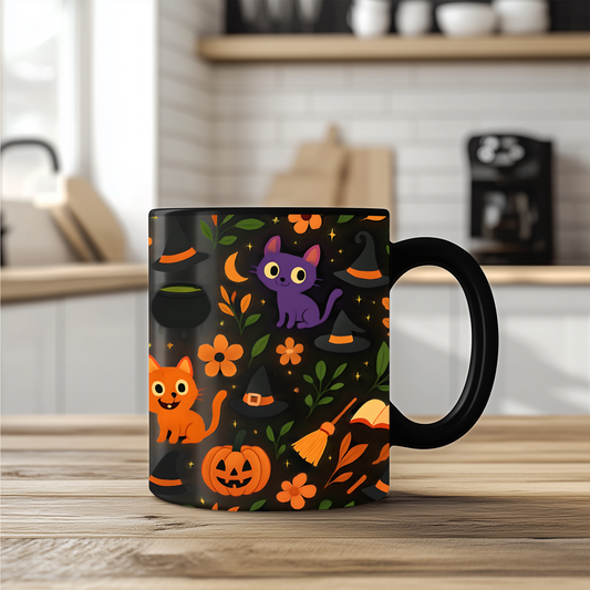 Colourful cat Halloween mug,featuring a cheeky cat with all things Halloween, making it the perfect spooky mug for both hot chocolates and enchanting brews. 